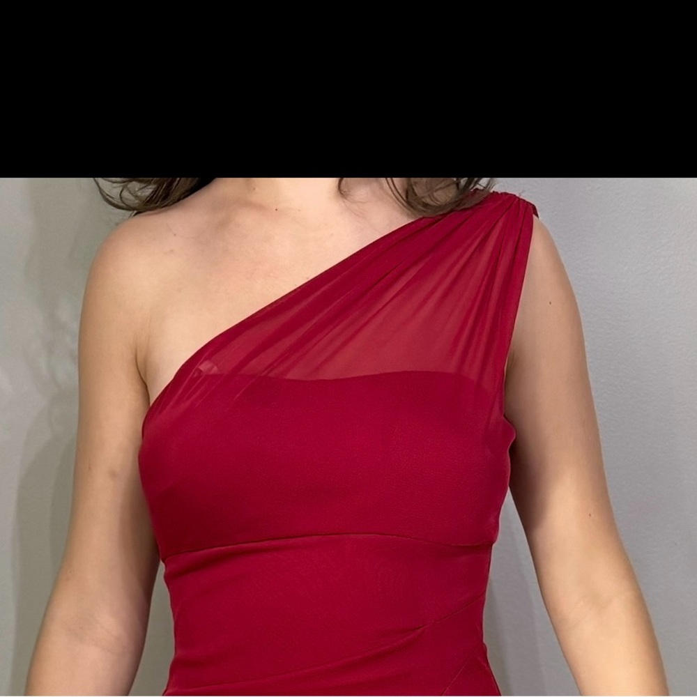 David's Bridal Red Asymmetrical Ruched Gown-Size 2